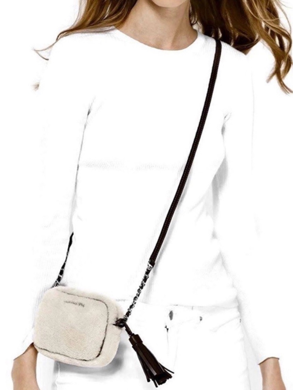 MICHAEL KORS Cream Shearling Crossbody with black Strap silver hardware